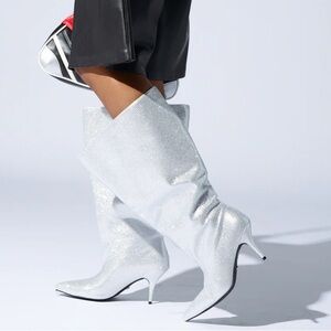 AZALEA WANG Silver Rhinestone Knee High Boots